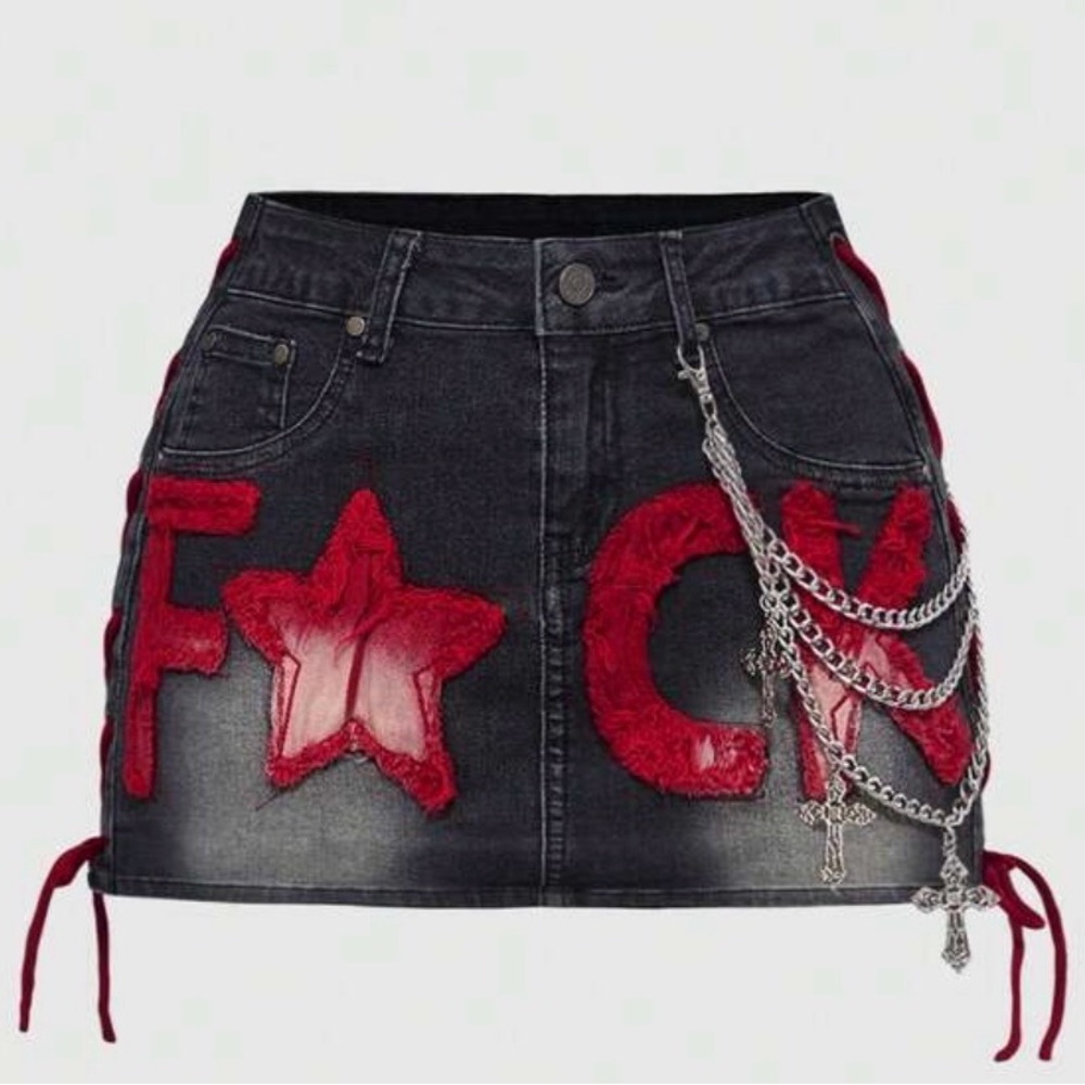 Trendy Black Denim Skirt with Red Accents